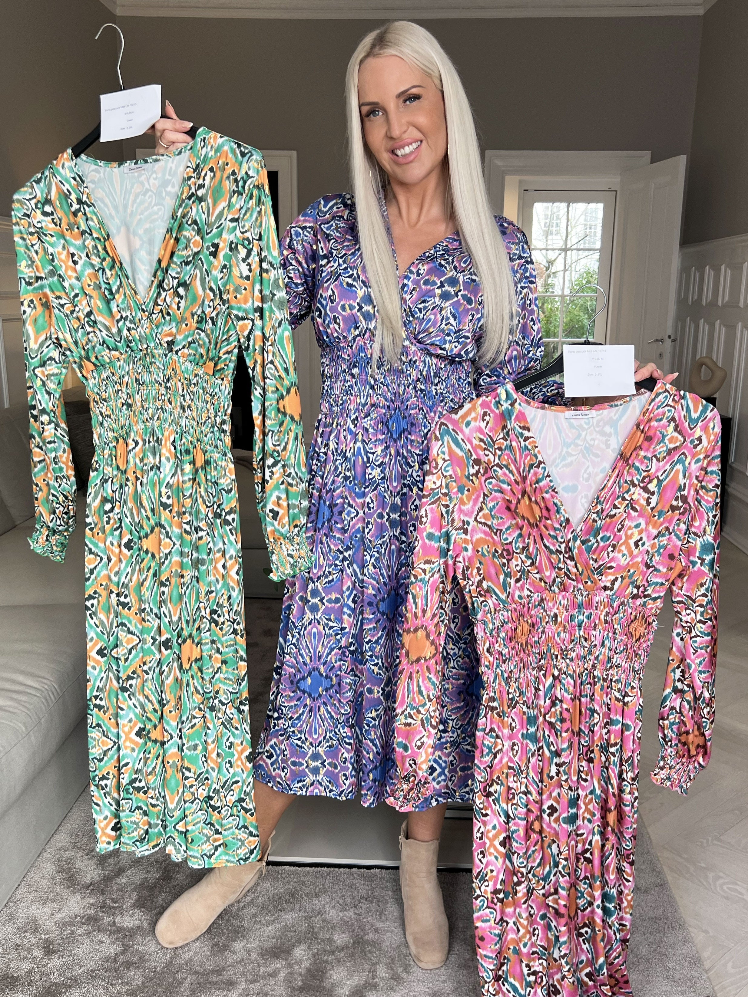 Pams Peacock Midi L/S - Mönstrad klänning med resår i skrynkelfritt tyg